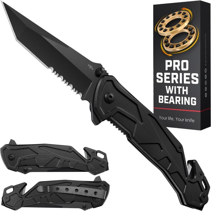 GOOD WORKER Legal Pocket Knife with Ball Bearing - 5 in 1 Knife - 2.8” Serrated Tanto Blade - with Glass Breaker & Seatbelt Cutter & Pocket Clip - Small Tactical Folding Knives for Men Women Hunting EDC 6620 B - Image 1